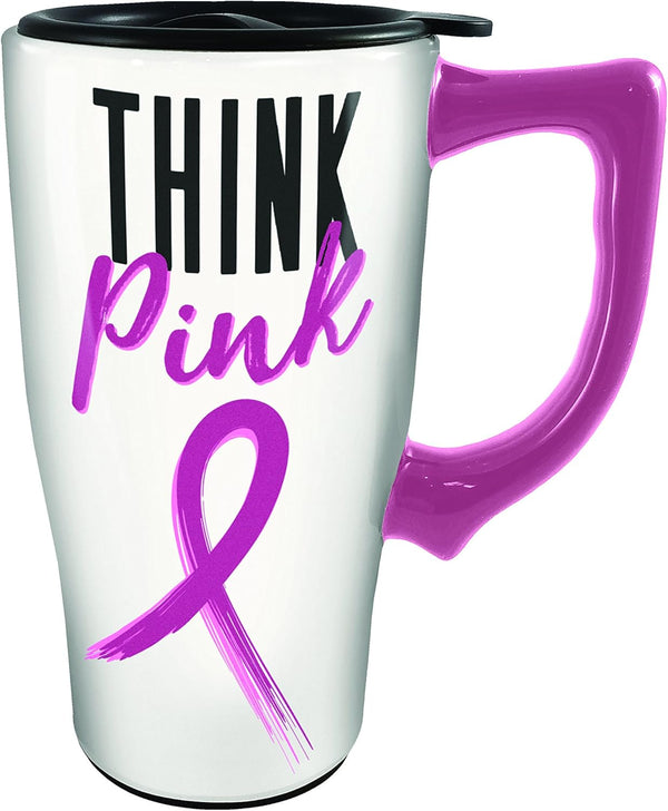 Spoontiques Think Pink Ceramic Travel Mug, 16 Ounce, White