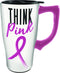 Spoontiques Think Pink Ceramic Travel Mug, 16 Ounce, White