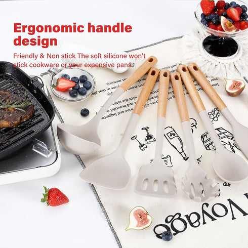 NCUE Large Non-stick Silicone Kitchen Utensils Set, 6 Pcs with Wooden Handle, BPA Free