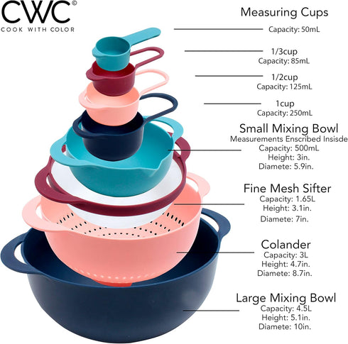 COOK WITH COLOR 8 Piece Nesting Bowls Set - Includes Mixing Bowls, Colander, Sifter, Measuring Cups, Navy