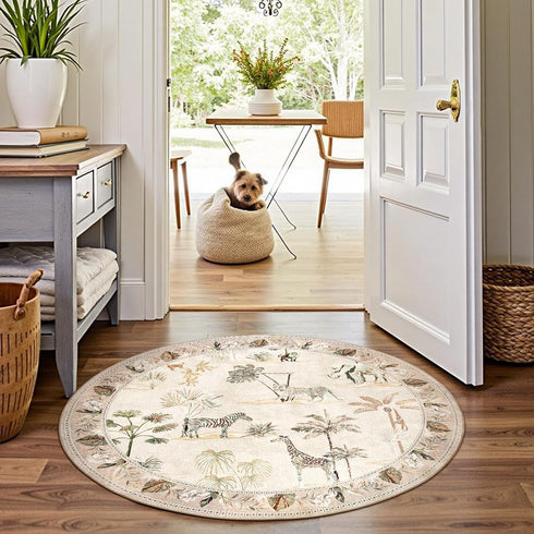 jinchan 5ft 5' Round Rug Beige Jungle Animals Print, Machine Washable Circle Modern Soft Non-Slip Forest Plant Throw