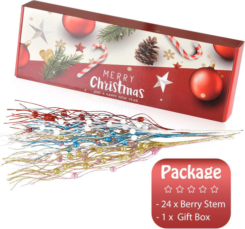 24 Losris Christmas Artificial Glitter Berry Stem Decorations Decorative Bead Sticks Xmas Picks Glittery Twigs Branches