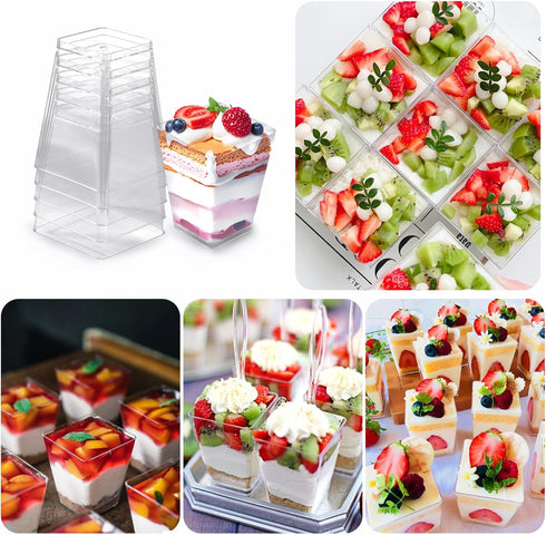 Uxaoxao 50 Pack 5oz Dessert Cups with Spoons, Plastic Yogurt Parfait Cups, Mini Square Dessert Cups with Spoons