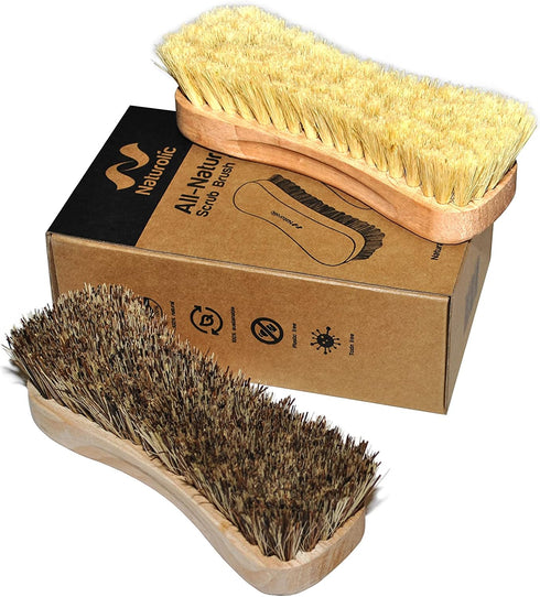 All-Natural Wooden Scrub Brush Set, Eco-Friendly Cleaning Products, Wooden Handle with Tampico and Palmyra Bristles, 2