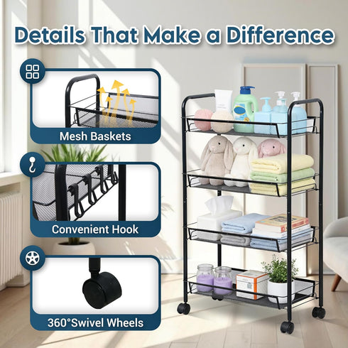 4 LOFTEY Tier Rolling Storage Cart, Small Metal Utility Cart on Wheels, Rolling Organizer Carts for Kitchen, Bathroom
