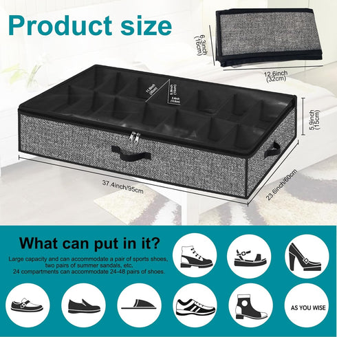 Under Bed Shoe Storage Organizer, 2 Pack for 28 Pairs, Clear Window, Foldable Shoe Rack Holder, Black