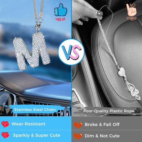 Bling Car Letter Charm, Cute Hanging Crystal Pendant Rear View Mirror Ornament, Rhinestone Women Auto Decoration (White