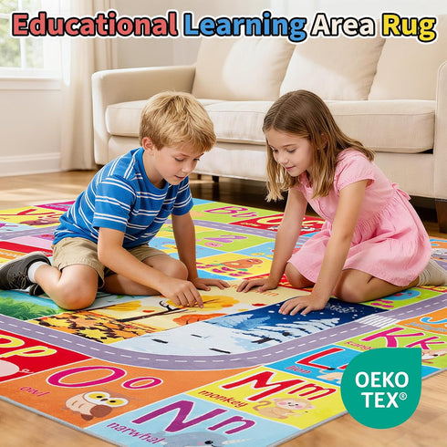 UKISS Words,55"x55"Washable ABC Kids Rug,Toddler Educational Play Rug for Learning Alphabet, Numbers, Colors, Seasons
