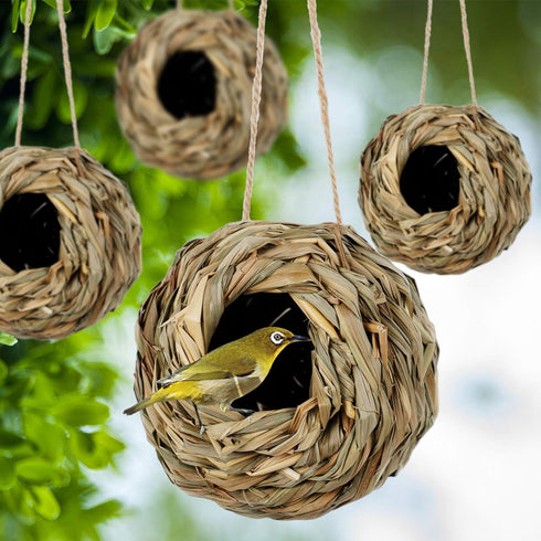 winemana 4 Pack Hanging Bird Nest House for Outside, Hand Woven Ball Shape, Durable Natural Grass for Garden Patio