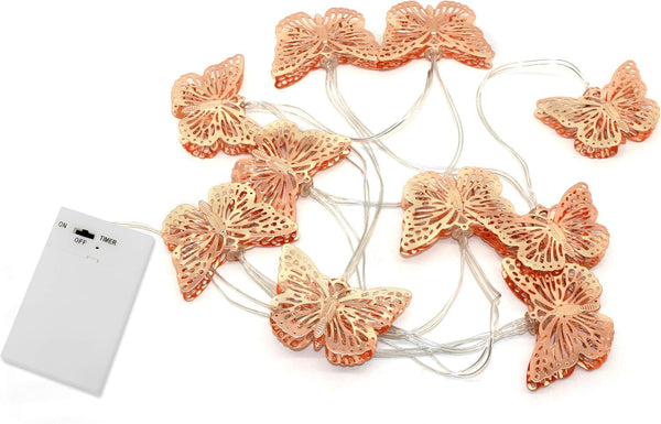 CVHOMEDECO. Rose Gold Metal Butterfly LED String Lights Battery Operated with Timer