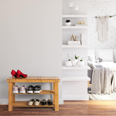 3 Bamboo Tier Shoe Rack Bench, Premium Shoe Organizer or Entryway Bench, Perfect for Shoe Cubby, Entry Bench, Bathroom