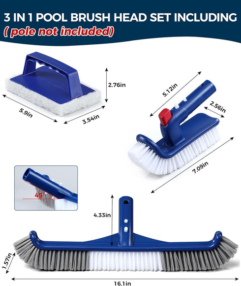 Snuvid 3-in-1 Set 17.5" Set Full-Coverage Pool Brush Head - Includes Long Brush, Rotatable Handheld/Extension Pole