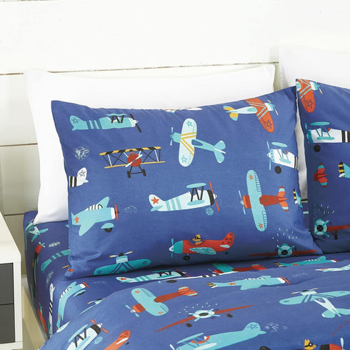 Set Blue Airplanes print Comforter for Boys Girls teen. Twin size Bedding for kids room. Include Twin comforter fitted