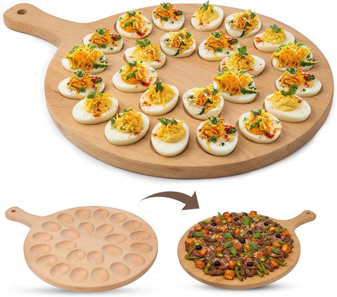 Namre' 24 Deviled Egg Tray for Eggs Wooden Deviled Egg Plate & Holder with Handle, Reversible Pizza Peel & Serving