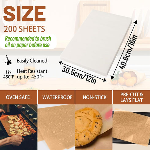 200 Pcs Parchment Paper Baking Sheets - 12"x16" Precut Non-Stick Liners for Baking, Grilling, Air Fryer