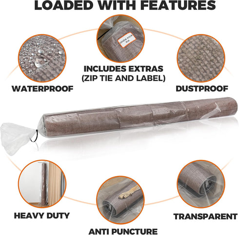 Heavy Duty Rug Storage Bag - Waterproof Plastic Cover for Rolled Carpet Up to 6 x 9 Feet, 4 Mil Thick - 1 Clear Bag, 92