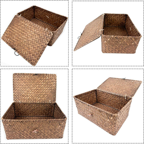 Wicker Storage Baskets with Lid, Set of 2 Handwoven Seagrass Organizer Bins for Shelves, Drawers, Closet