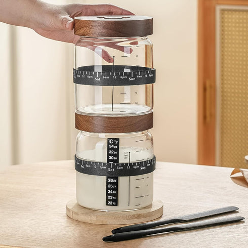 2PackWood Exhaust,35OZ Sourdough Starter Jar Sealed Lid with Automatic with Ounce Scale Line,Date Marked Feeding Band