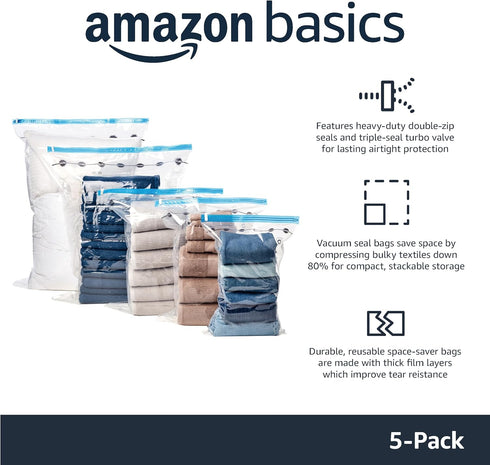 Amazon Basics Vacuum Compression Zipper Storage Bags - Medium, Clear, 5-Pack with Hand Pump