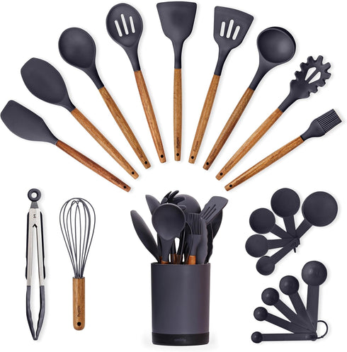 Silicone Kitchen Utensils Set & Holder, Cooking Essentials for New Home, Grey