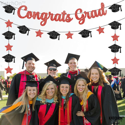 KatchOn Glitter Congrats Grad Banner, Red and Black - 10 Feet Graduation Banner, Grad Cap Garland for Class of 2025