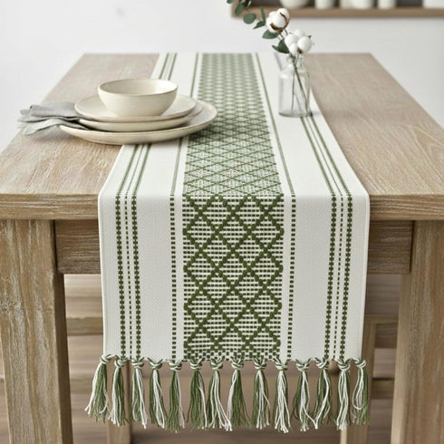 Boho Dining Table Runner with Tassels 14 x 90 Inches, Olive Green