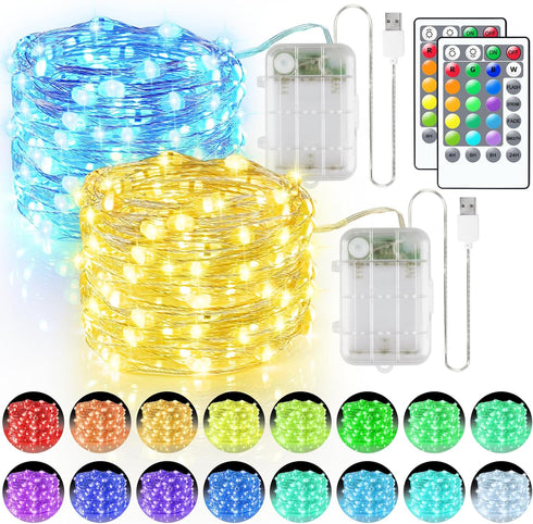 StarryEver 66ft 200LED Fairy Lights Battery Operated, 2 Pack 33ft 16 Color