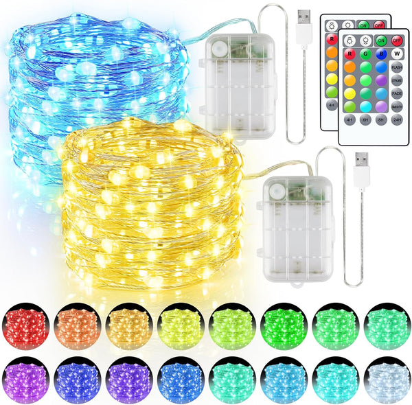 StarryEver 66ft 200LED Fairy Lights Battery Operated, 2 Pack 33ft 16 Color