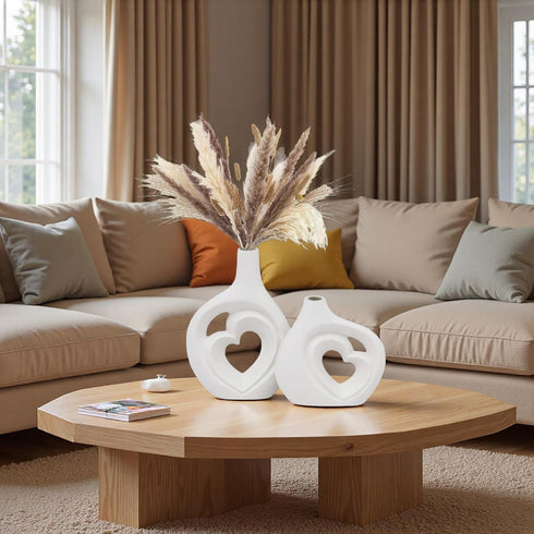 Set 2, 8.5in White Heart Shaped Hollow Ceramic Vase of Modern Nordic Boho Style Vases Home Decor for Table Centerpiece