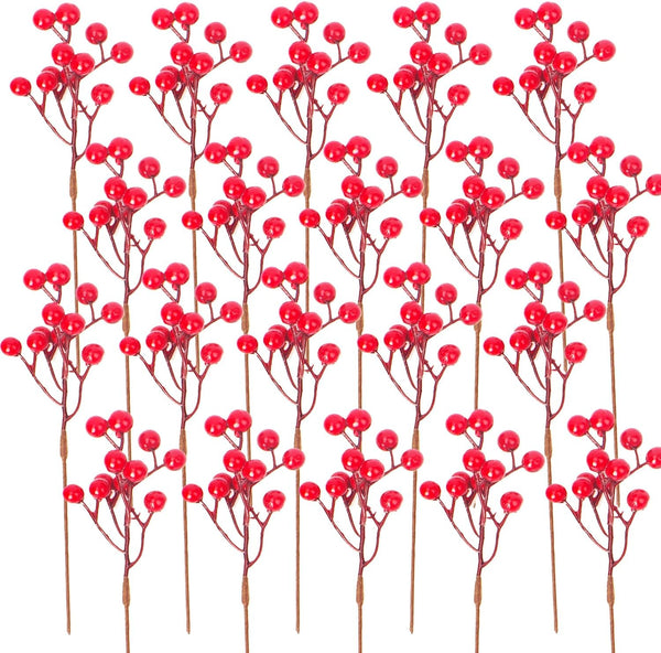 Grunyia 20 Pack Christmas Artificial Red Berry Stems Fake Holly Berry Pick for