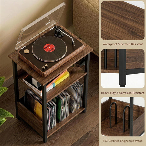FurnPulse 3-Tier 75+ Albums, Record Player Stand with Vinyl Storage, Turntable Stand Table Holds Heavy Duty Media