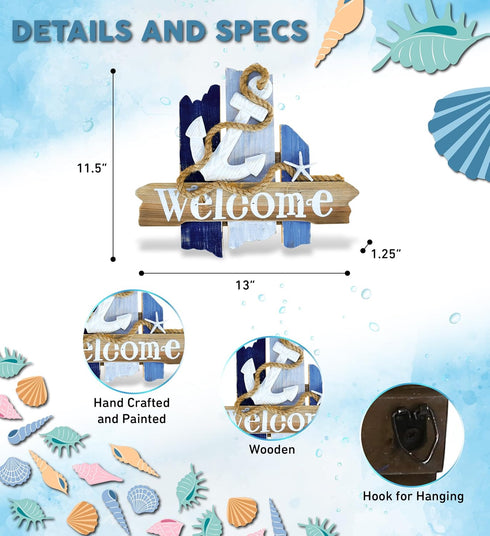 CoTa Global Atlantic Anchor Welcome Nautical Decor Sign - Beach Decor for Wall, White and Blue Starfish