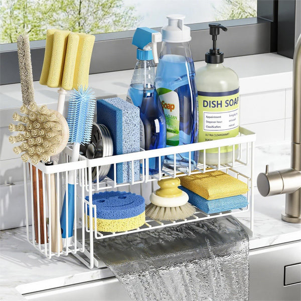 Cisily White 2-Tier Kitchen Sink Caddy Organzier Rack with Flexible Dish Brush