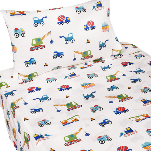 J-pinno Build Construction Engineering Vehicle Cars Trucks Crane Digger Cartoon 100% Cotton Twin