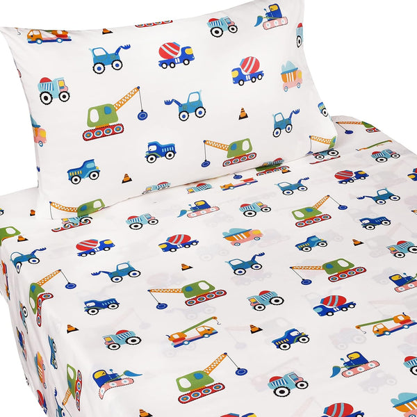 J-pinno Build Construction Engineering Vehicle Cars Trucks Crane Digger Cartoon 100% Cotton Twin