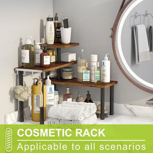 BMOSU Kitchen Corner Shelf Organizer with Hooks, Adjustable Spice Rack, 3 Tier Storage for Bathroom Counter Shelves,