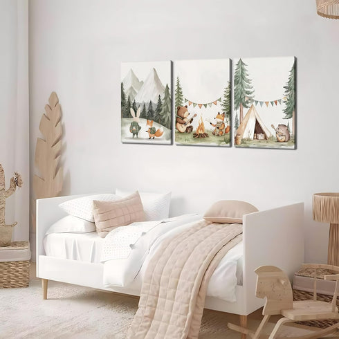 12x16in AKWISH Nursery Woodland Animals Canvas Wall Art, Cute brave Bear Fox Rabbit Hedgehog Nursery Wall Decor, Framed