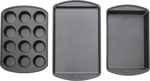 Wilton Perfect Results Non-Stick Baking Sheet, Muffin, and Oblong Pan Bakeware Set, 3-Piece