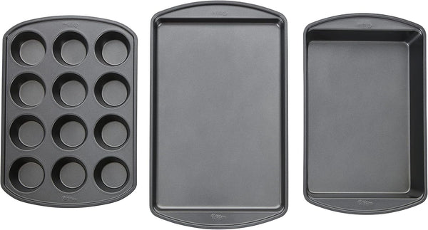 Wilton Perfect Results Non-Stick Baking Sheet, Muffin, and Oblong Pan Bakeware Set, 3-Piece