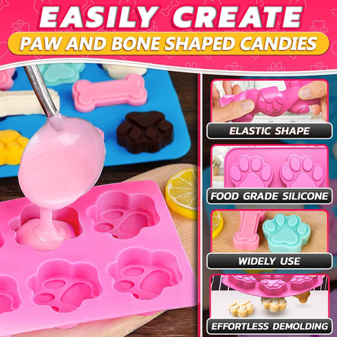 2 Pcs Dog Treat Molds - Bone & Paw Shaped Silicone, Non-Sticking, Blue & Pink for Homemade Treats