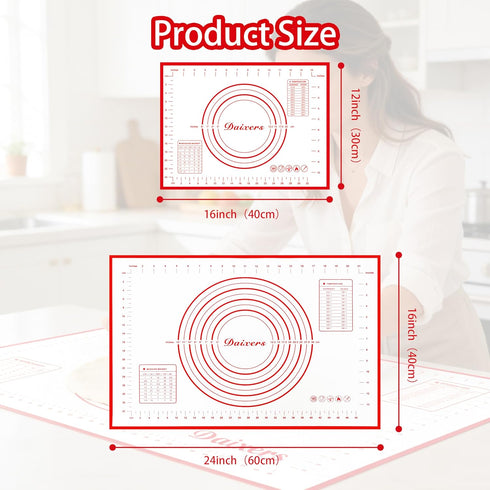 Daixers Set 2,Large 24" 16" 16" 12" Silicone Baking Mats of x Small x Non Stick Non Skid Pastry-Mat with Measurements