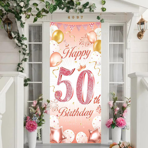 DPKOW Rose Gold 50th Birthday Banner - Backdrop, Wall & Garden Decoration, 185 x 90cm Fabric