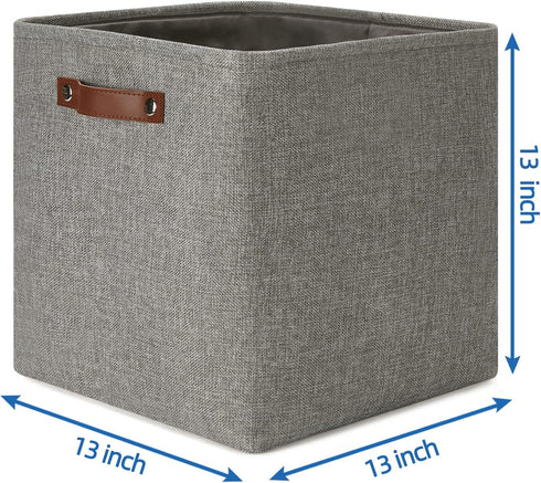 Temary 13 Inch Fabric Storage Baskets, Set of 4 Cube Bins for Home and Office with Leather Handles in Grey