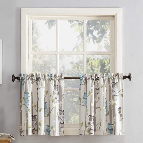 No. 918 Hoot Owl Print Kitchen Curtain Tier Pair, Semi-Sheer, 56" x 24", Mocha