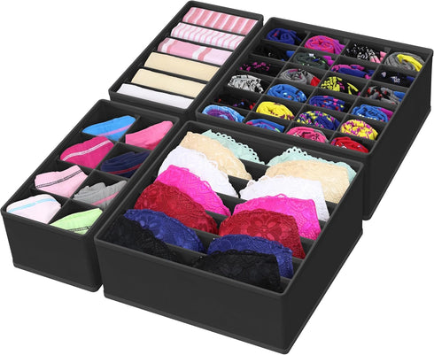 Simple Houseware 4-Pack Drawer Organizer Set, Foldable Non-Woven Storage Boxes for Underwear, Socks, Black