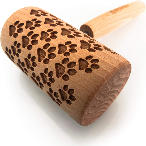 Rolling Pin Embossed with DOG PAWS Pattern, 4 Inch Size Roller for Baking Engraved Cookies