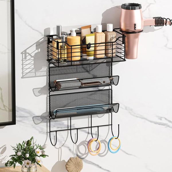 VITVITI Metal Hair Tool Organizer: Wall Mount with 3 Tier Shelf Basket Hooks, Bathroom Styling Tool Holder, Matte Black