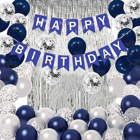 Blue Birthday Party Decorations, Happy Birthday Decorations with Banner, Blue Silver Confetti Balloons for Men