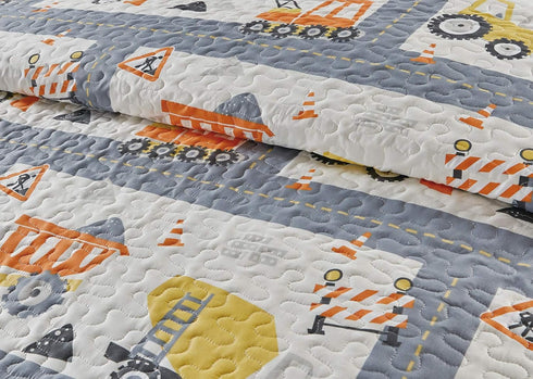 Linen Plus Set Bedspread Kids/Teens Construction Crane Vehicles Work Trucks Cement Tractor Concrete Mixer White Grey