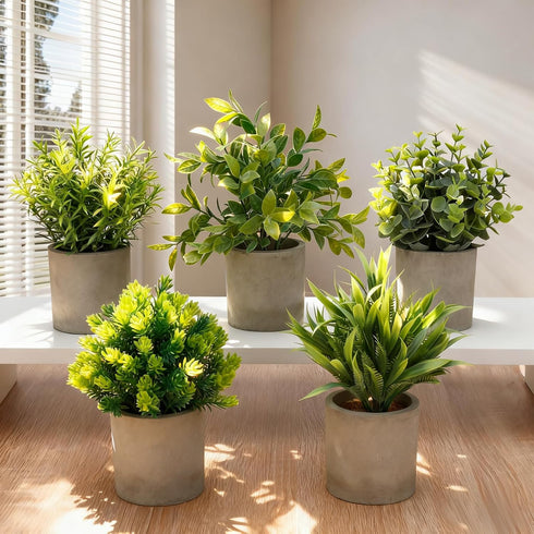 Set 5, AUUGUU Artificial Potted Plants of Realistic Faux Greenery in Cement Pots for Home Office Desk Bookshelf Decor